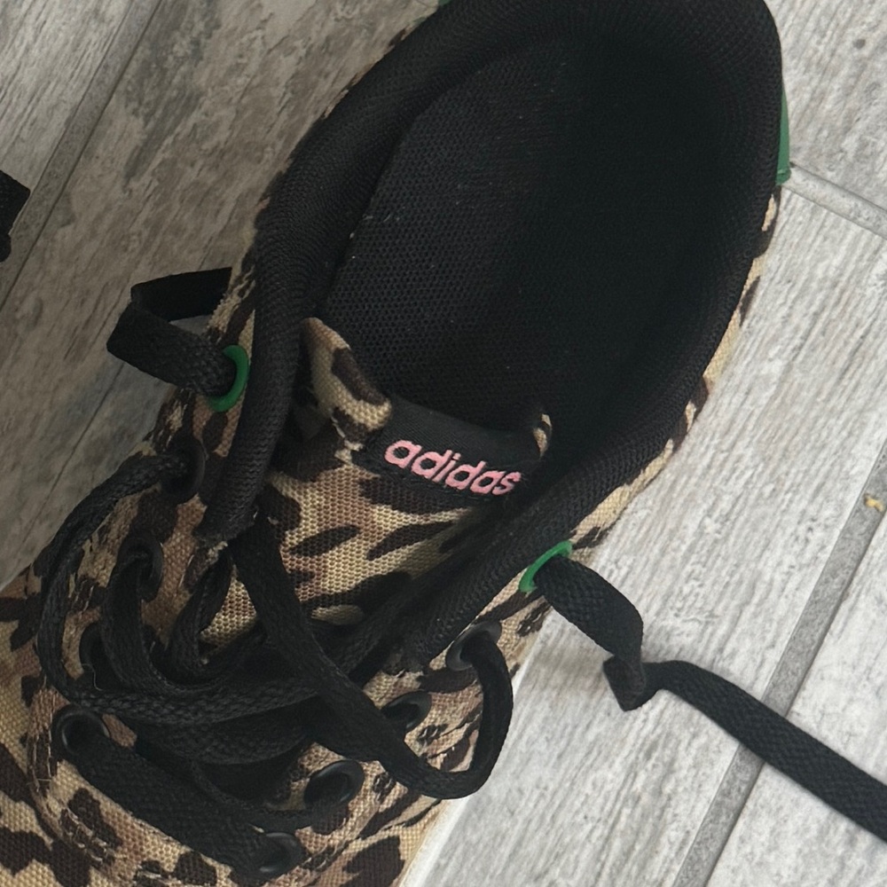 Leopard print adidas shoes with green leather details and pink writing. - Picture 7 of 7